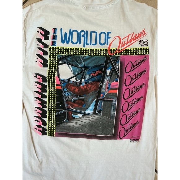Vintage 1993 World of Outlaws Sprint Car Racing Tee Hanes Beefy-T M Neon Print - Picture 4 of 6